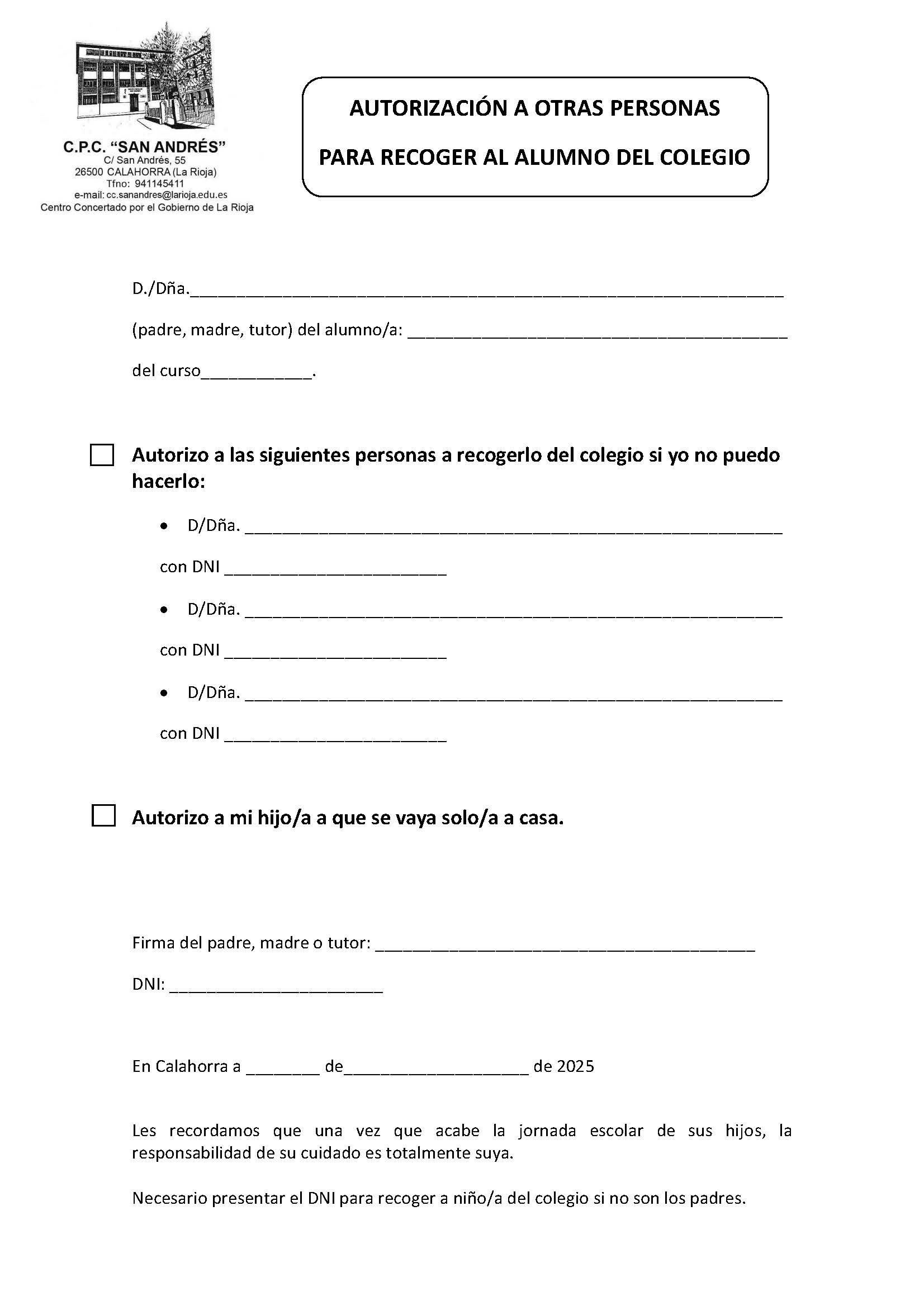 Permiso recogida curso 2025 - 2026